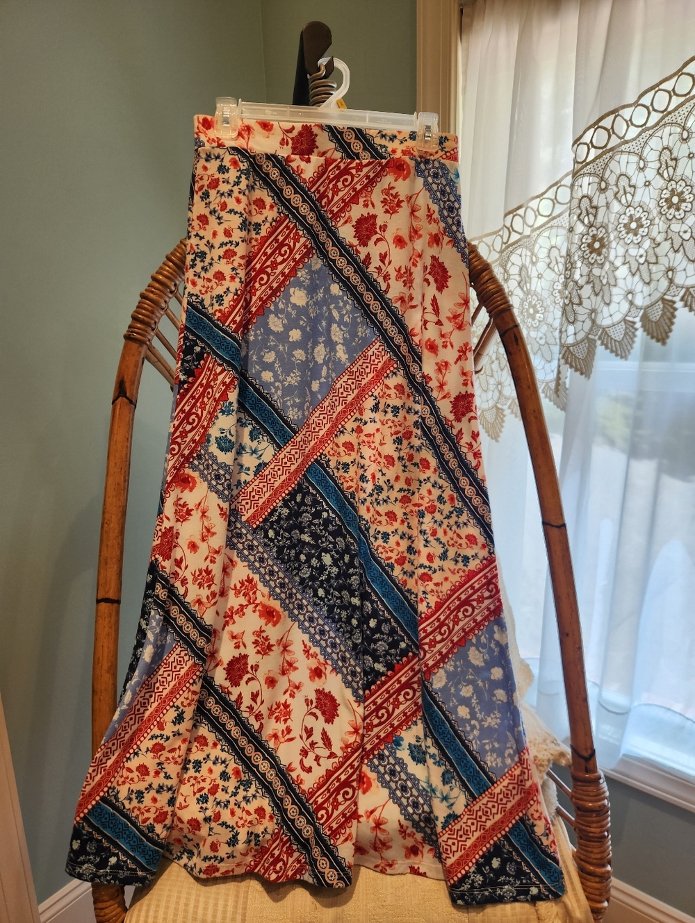 Cato 1946 Patriotic Patchwork Floral Maxi Skirt Red, Blue and White Size Small